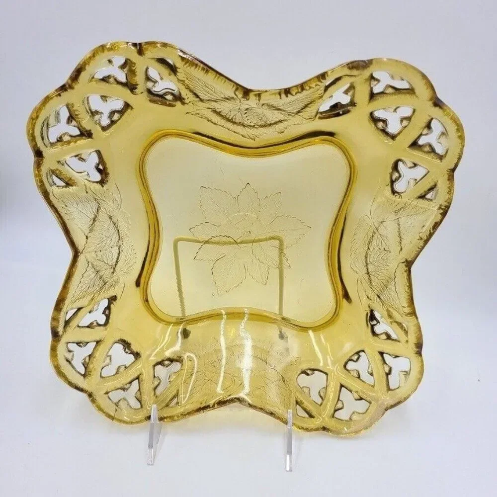 Vintage Art Glass Amber Harvest Gold Dish Scalloped Rose Embossed 11.5
